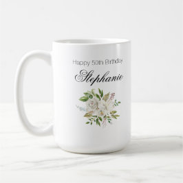 Elegant 50ste verjaardag witte bloem script koffiemok