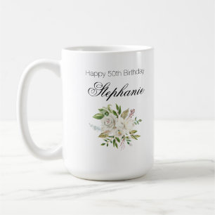 Elegant 50ste verjaardag witte bloem script koffiemok