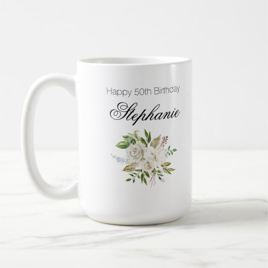 Elegant 50ste verjaardag witte bloem script koffiemok (Links)
