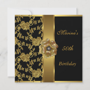 Elegant 50th Birthday Black Gold Floral Brocade Kaart