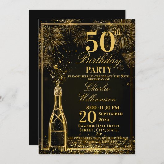 Elegant 50th Birthday Gold Bottle Fizz Kaart (Voorkant / Achterkant)
