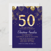 Elegant 50th Birthday Invitation with Gold Ballons (Devant)