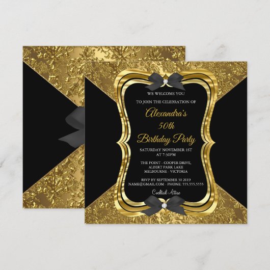 Elegant 50th Birthday Party Gold Golden Black Kaart (Voorkant / Achterkant)