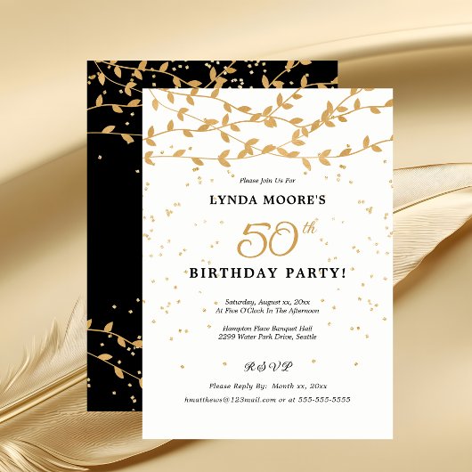 Elegant 50th Birthday Party Gold Leaves Kaart