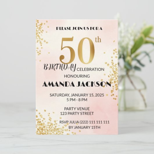 Elegant 50th Birthday Party Invitation Gold & Pink (Debout devant)