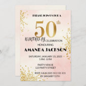 Elegant 50th Birthday Party Invitation Gold & Pink (Devant / Derrière)