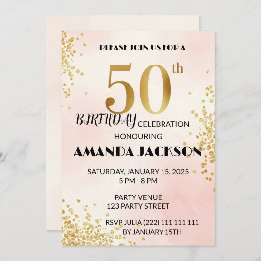 Elegant 50th Birthday Party Invitation Gold & Pink (Devant / Derrière)
