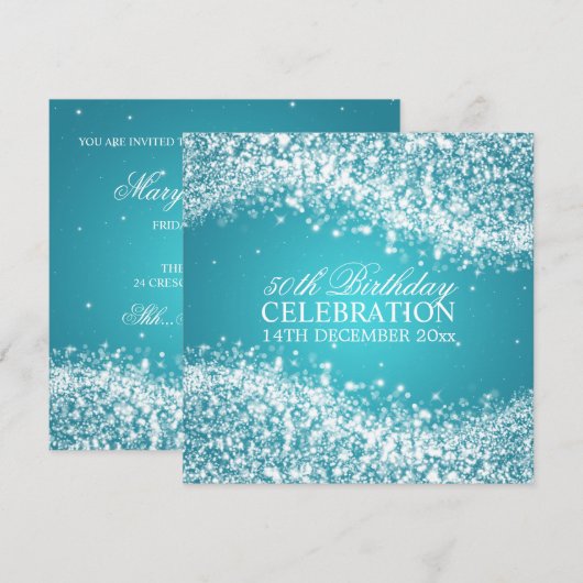 Elegant 50th Birthday Party Sparging Wave Turquoi Kaart (Voorkant / Achterkant)