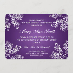 Elegant 50th Birthday Party  Swirls 2 Purpl Kaart