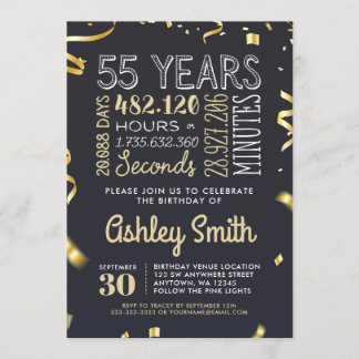 Elegant 55th Birthday Invitation Gold Glitter Kaart