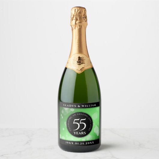 Elegant 55th Emerald Wedding Jubileum Sparkling Wijnetiket (Voorkant)
