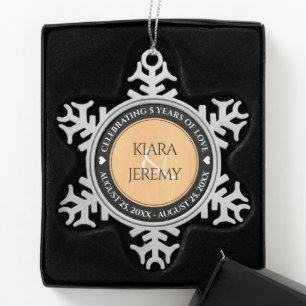 Elegant 5th Wood Wedding Jubileum Tin Sneeuwvlok Ornament