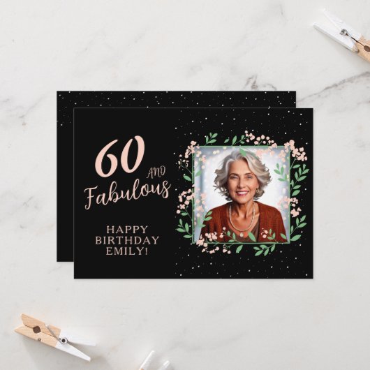 Elegant 60 and Fabulous Flower 60th Birthday Photo Kaart (Voorkant / Achterkant in situ)