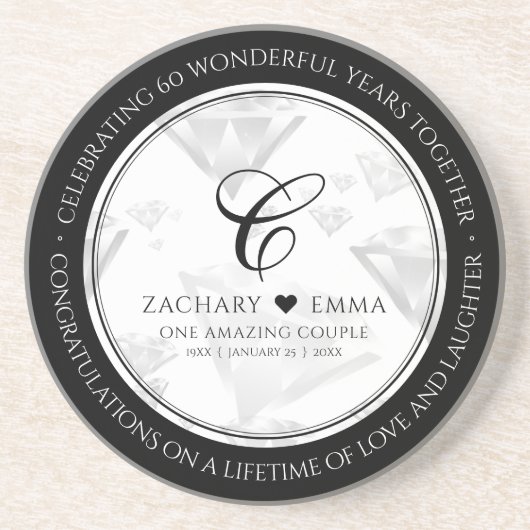 Elegant 60e 75e Diamond Bruiloft Jubileum Zandsteen Onderzetter (Voorkant)