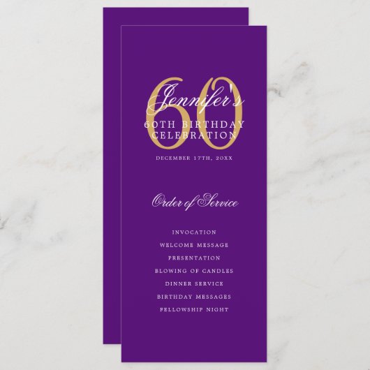 Élégant 60e Programme Gold Purple Menu+Merci (Devant / Derrière)