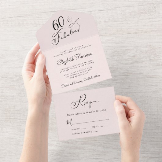 Elegant 60e roze verjaardag all in one uitnodiging (Afscheurbaar)
