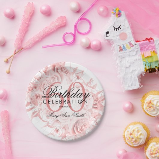 Elegant 60e verjaardag Floral Roos Gold Papieren Bordje (Feest)