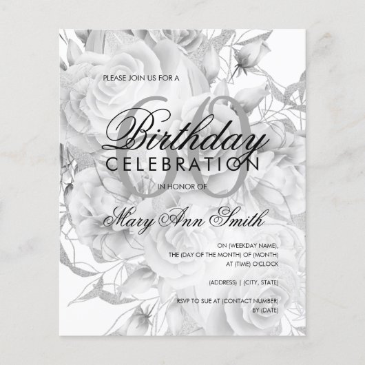 Elegant 60e verjaardag Floral Silver White Invite (Voorkant)