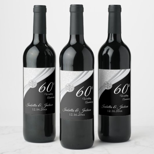 Elegant 60th/75th Diamond Glitter Jubileum Wijn Etiket (Flessen)