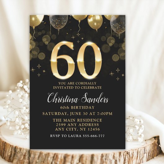 Elegant 60th Birthday Invitation with Gold Ballons