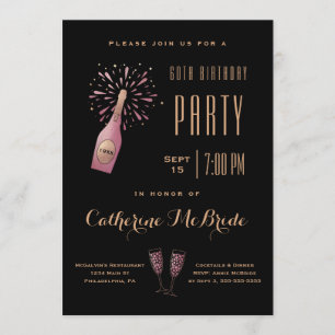 Elegant 60th Birthday Party Black Gold Champagne Kaart