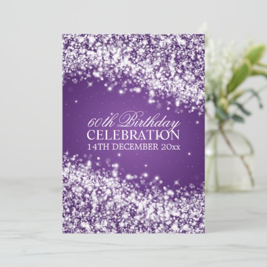 Elegant 60th Birthday Party Sparging Wave Paars Kaart (Staand voorkant)