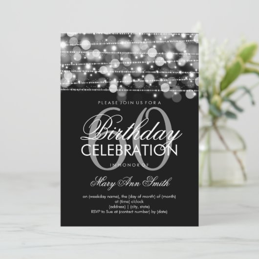 Elegant 60th Birthday Party Sparkles Silver Kaart (Staand voorkant)