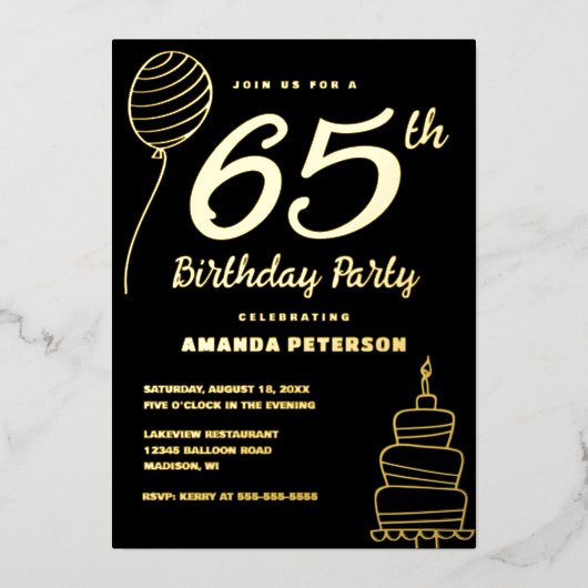 Elegant 65ste verjaardagsfeest Echt Goud Folie Uitnodiging (Voorkant)