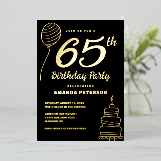 Elegant 65ste verjaardagsfeest Echt Goud Folie Uitnodiging (Staand Voorkant)