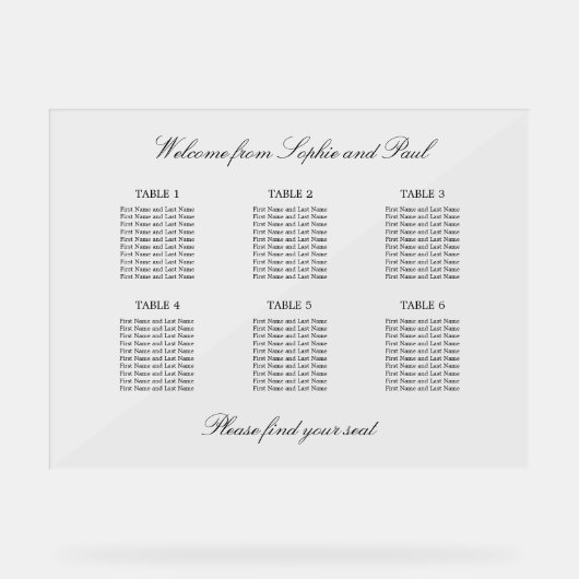 Élégant 6 Tableau Sièges Symbole acrylique (Recto)