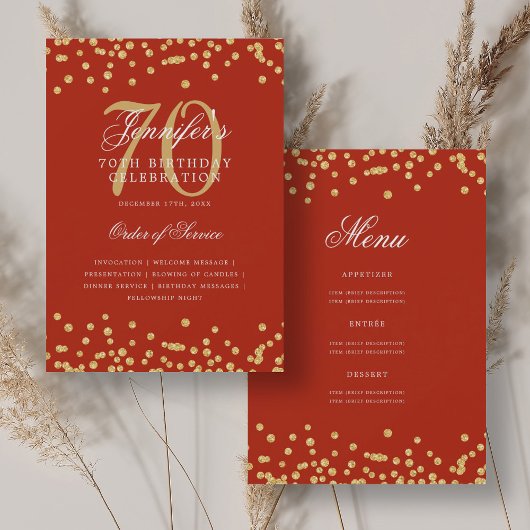 Elegant 70e verjaardag programma Menu Gold Red