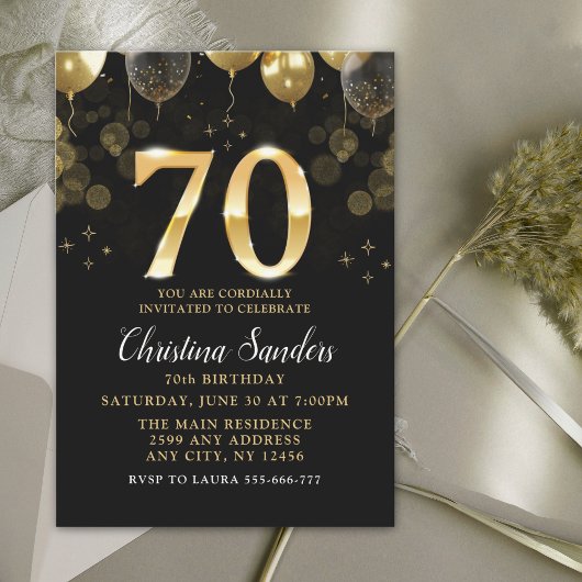 Elegant 70th Birthday Invitation with Gold Ballons