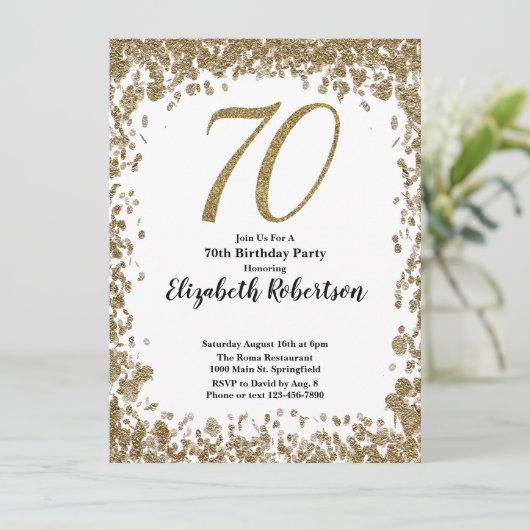 Elegant 70th Birthday Invitation With Gold Sequins (Debout devant)
