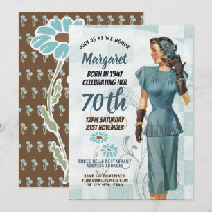 Elegant 70th Birthday Invite RETRO 1940s Woman Kaart