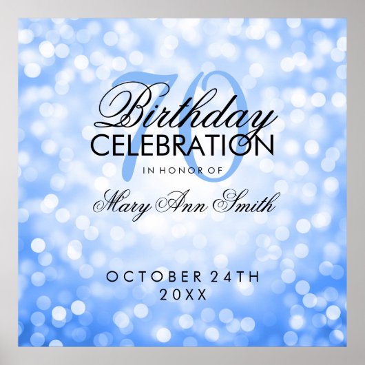 Elegant 70th Birthday Party Glitter Lights Blue Poster (Voorkant)