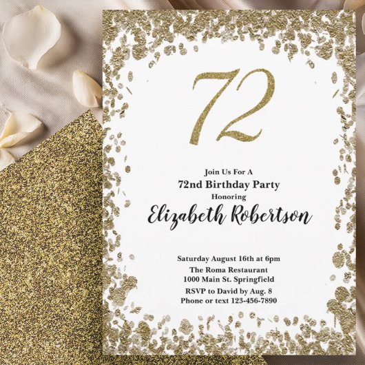 Elegant 72nd Birthday Invitation With Gold Sequins