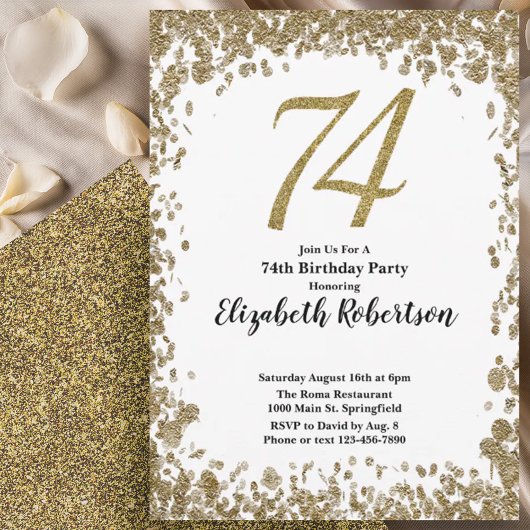 Elegant 74th Birthday Invitation With Gold Sequins