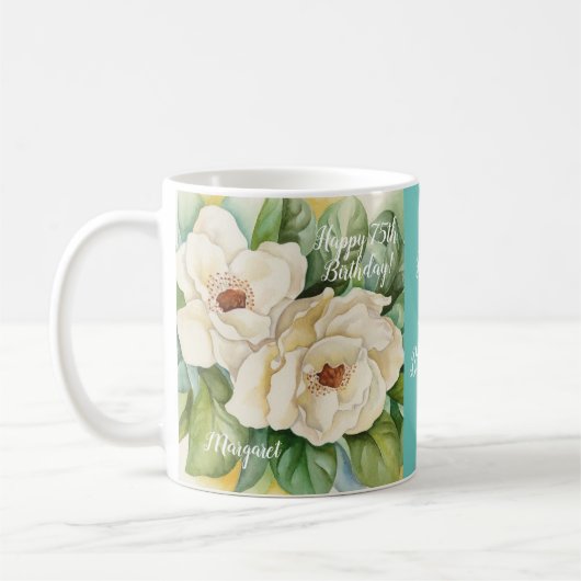 Elegant 75th Birthday Blauwgroen Floral Magnolia N Koffiemok (Links)