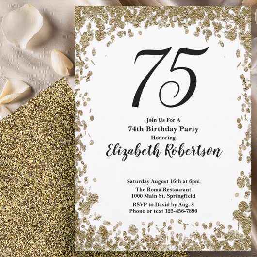 Elegant 75th Birthday Invitation With Gold Sequins