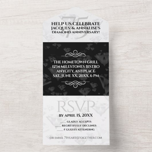 Elegant 75th Diamond Bruiloft Jubileum All In One Uitnodiging (Binnen)