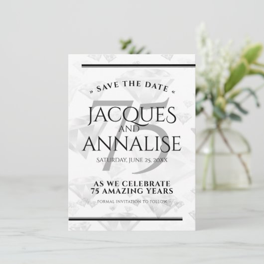 Elegant 75th Diamond Bruiloft Jubileum Save The Date (Staand voorkant)