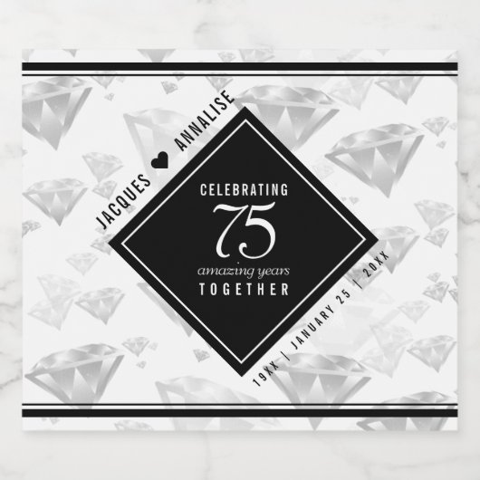 Elegant 75th Diamond Bruiloft Jubileum Sparkling Wijnetiket (Enkel label)