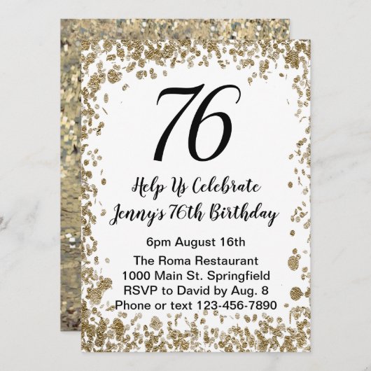 Elegant 76th Birthday Invitation in black and gold (Devant / Derrière)