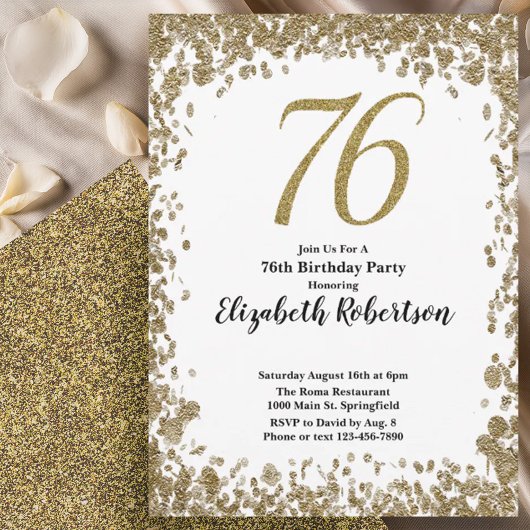 Elegant 76th Birthday Invitation With Gold Sequins