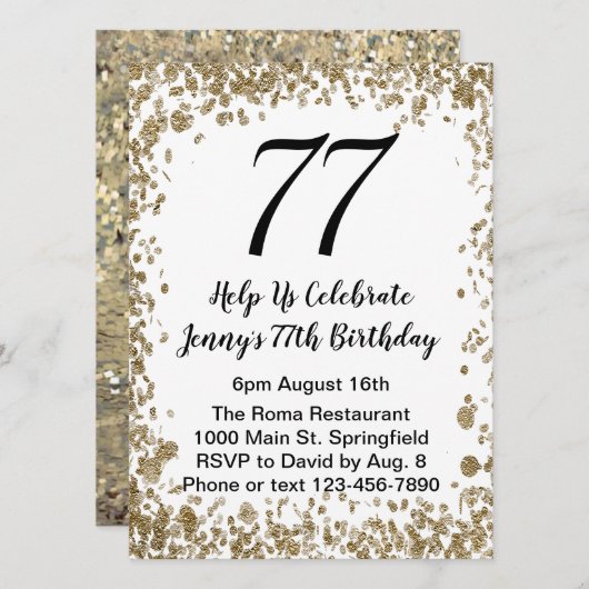 Elegant 77th Birthday Invitation in black and gold (Devant / Derrière)