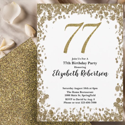 Elegant 77th Birthday Invitation With Gold Sequins Kaart