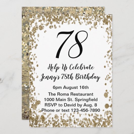 Elegant 78th Birthday Invitation in black and gold (Devant / Derrière)