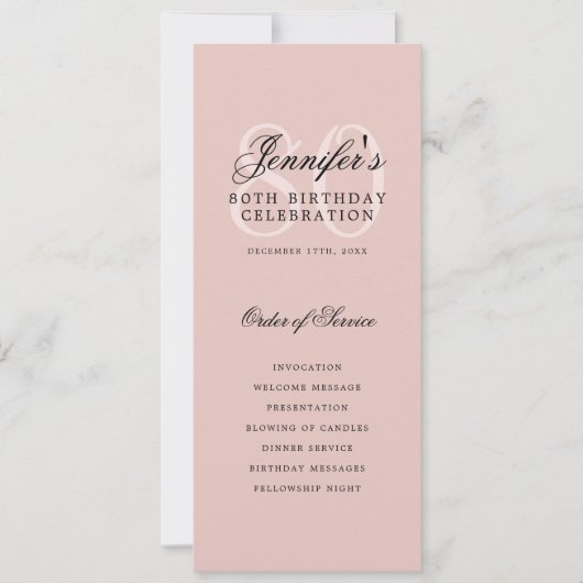 Elegant 80e Programma Menu+Bedankt Blush Pink (Voorkant)