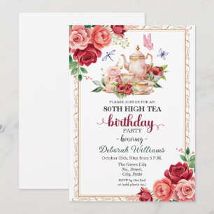 Elegant 80ste verjaardag high tea feestje kaart