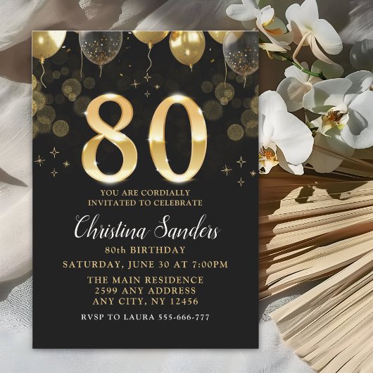 Elegant 80th Birthday Invitation with Gold Ballons